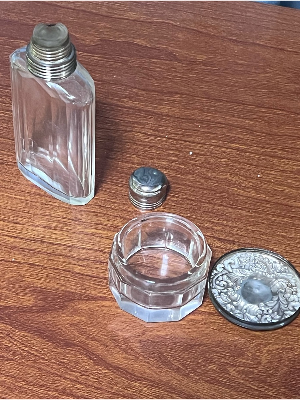 Art Deco Sterling Silver Vanity Set Etched Crystal perfume
Bottle & Powder Jar - Picture 5 of 10
